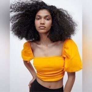 ZARA Bold & Bright Puff Sleeve Crop Top In Marigold Orange Yellow Size M